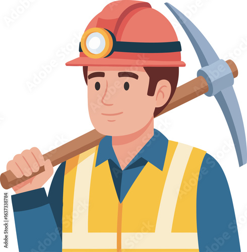 Cartoon miner with a pickaxe over his shoulder, wearing a hard hat and safety vest.