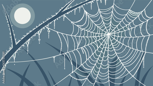 Spiderweb dew drops on branch in moonlight vector illustration nature scene arachnid web design halloween theme art