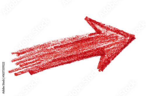 A simple red arrow drawn with crayon, on a white background, in a clip art style, hand-drawn, simple, and cuted.