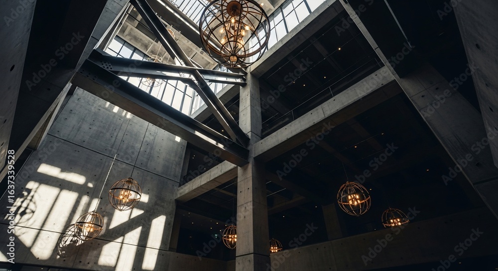 Obraz premium Modern Interior: Concrete Structure with Globe Chandeliers and Natural Light