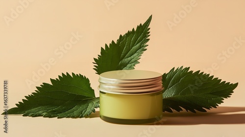 A pale beige setting with container of nettle salve and nettle stems depict notion of pure body care and pain alleviation lovely hue, Generative AI.