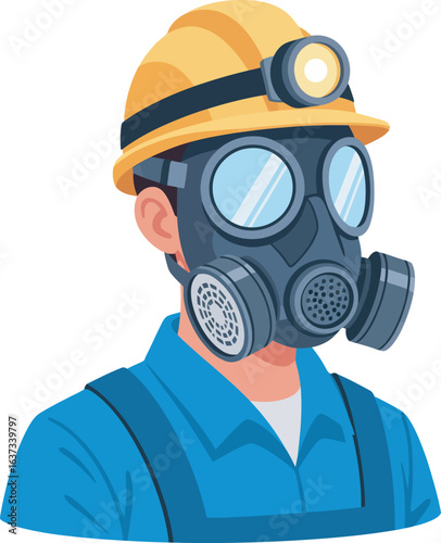 A worker wearing a yellow hard hat with a headlamp and a gray gas mask.