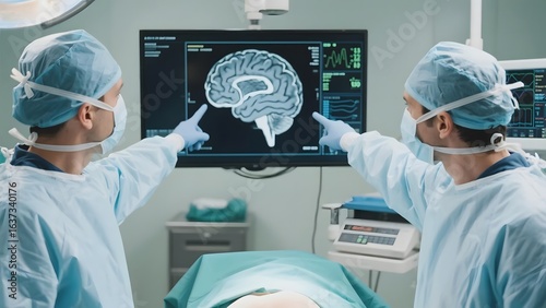 Surgeons analyzing a brain scan on a digital screen in an operating room