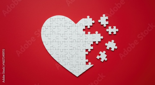 Heart shaped jigsaw puzzle on red background concept of love and heartbreak relationship issues and broken heart symbol
