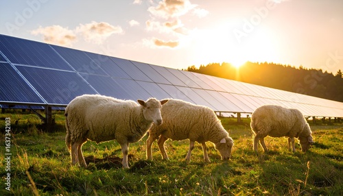 herd of sheep on the pasture with the solar panel background