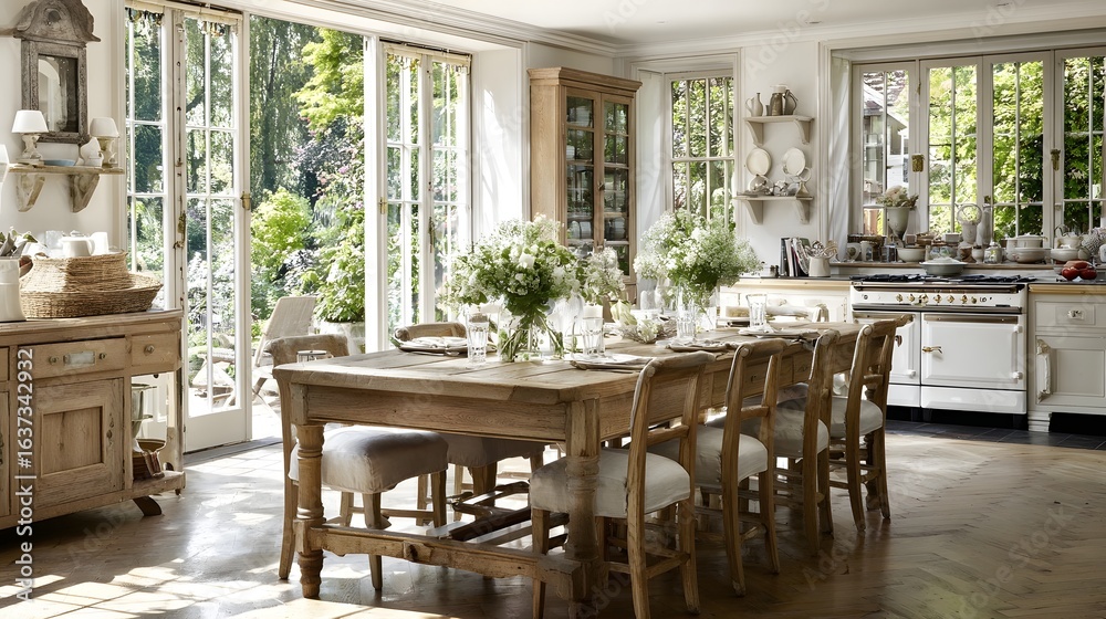 Fototapeta premium A light-filled kitchen diner with a rustic wooden table and chairs.