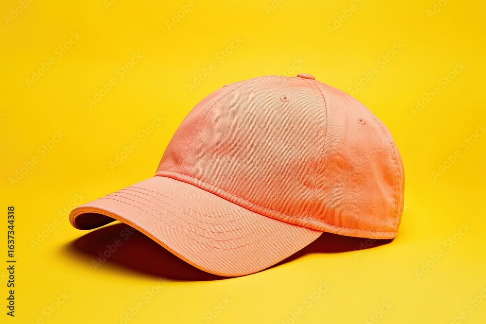 Fototapeta premium A coral-colored baseball cap on a bright yellow background.