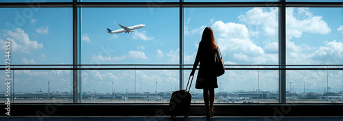 People looking at the view with airplane in the sky at the terminal in the airport.