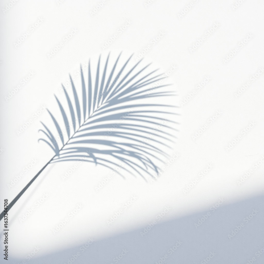 Fototapeta premium shadow palm leaf in the wind blowing overlay on white wall background wall textures
