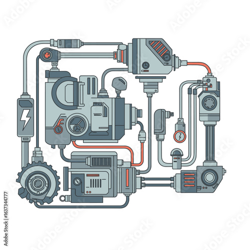 An intricate, stylized vector illustration showcasing the complex internal workings of a futuristic industrial machine or advanced technological engine system.