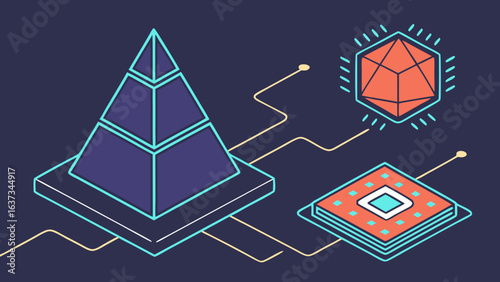 Abstract geometric shapes interconnected by lines representing data flow and technology in a digital network