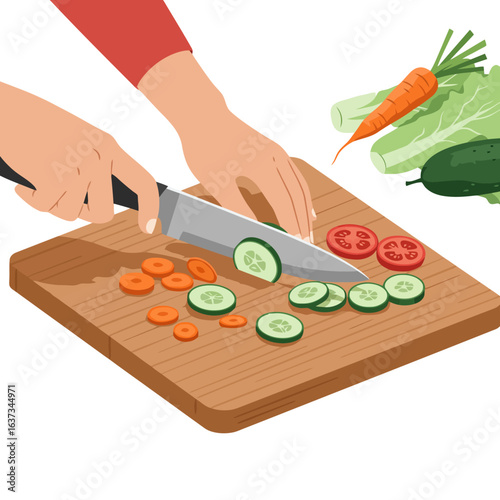 Preparing Fresh Vegetables: Hands Slicing on Cutting Board