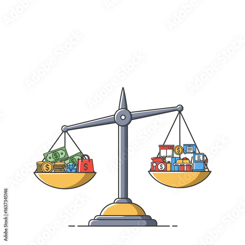 A visual representation of money and material possessions balanced on a scale, illustrating economic choices and financial priorities.
