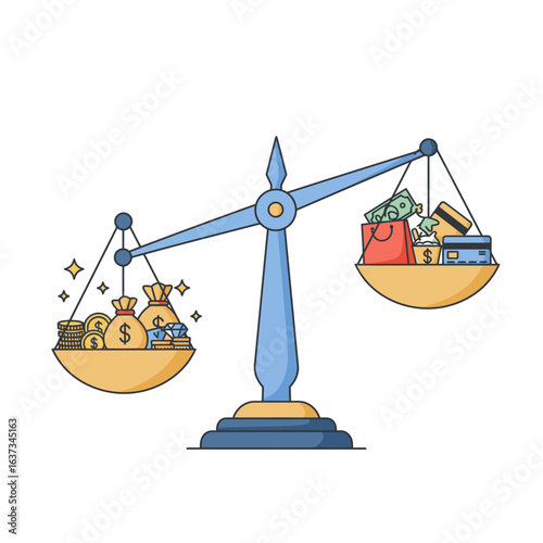 A financial balance scale visually represents the critical decision-making process between accumulating wealth and engaging in consumer spending.