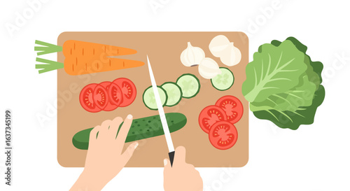 Preparing a Fresh Salad: Top-Down Vector Illustration