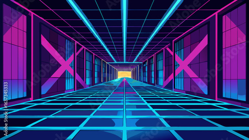 A neon lit futuristic tunnel with a grid floor and glowing pink and blue lights