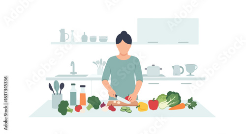 Woman Preparing Healthy Meal in Kitchen, Flat Vector Illustration