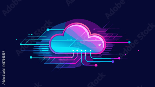 Futuristic neon cloud computing concept with circuitry and data streams on dark background