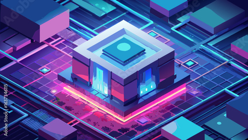 Futuristic isometric digital network hub with glowing neon lights and geometric structures