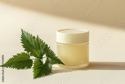 A pale beige setting with container of nettle salve and nettle stems depict notion of pure body care and pain alleviation lovely hue, Generative AI.
