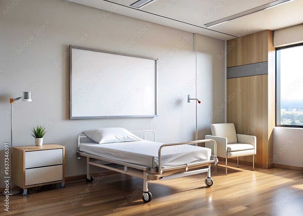 Fototapeta premium Modern hospital room with two beds and advanced medical equipment
