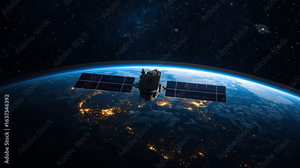 Fototapeta premium A realistic space scene depicts a communication satellite orbiting Earth, illuminated by solar panels, with city lights and a backdrop of bright stars.