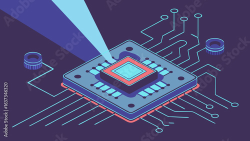Abstract isometric illustration of a microchip with data flow and circuitry on a dark purple background