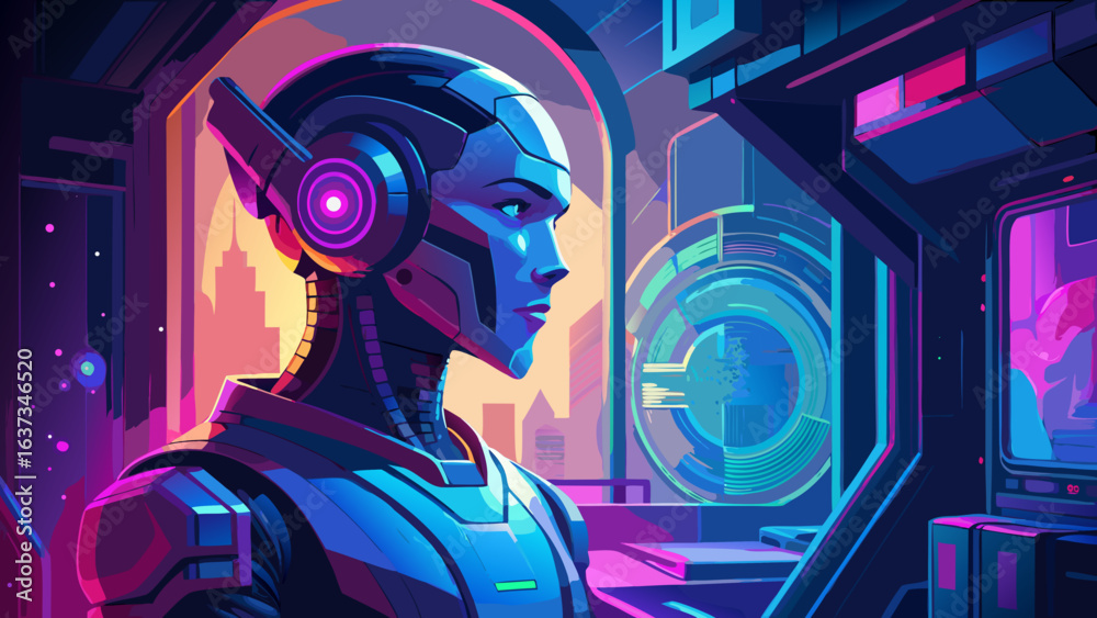 Fototapeta premium Futuristic android with glowing purple accents gazes out at a neon lit cityscape from a high tech control room