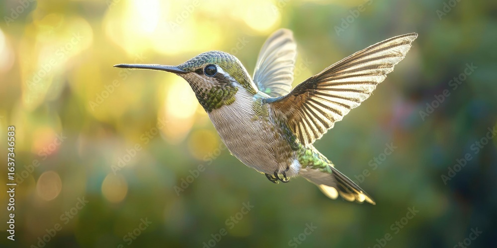 Fototapeta premium Realistic embroidery hummingbird floating above invisible surface, 3D perspective Stock photo