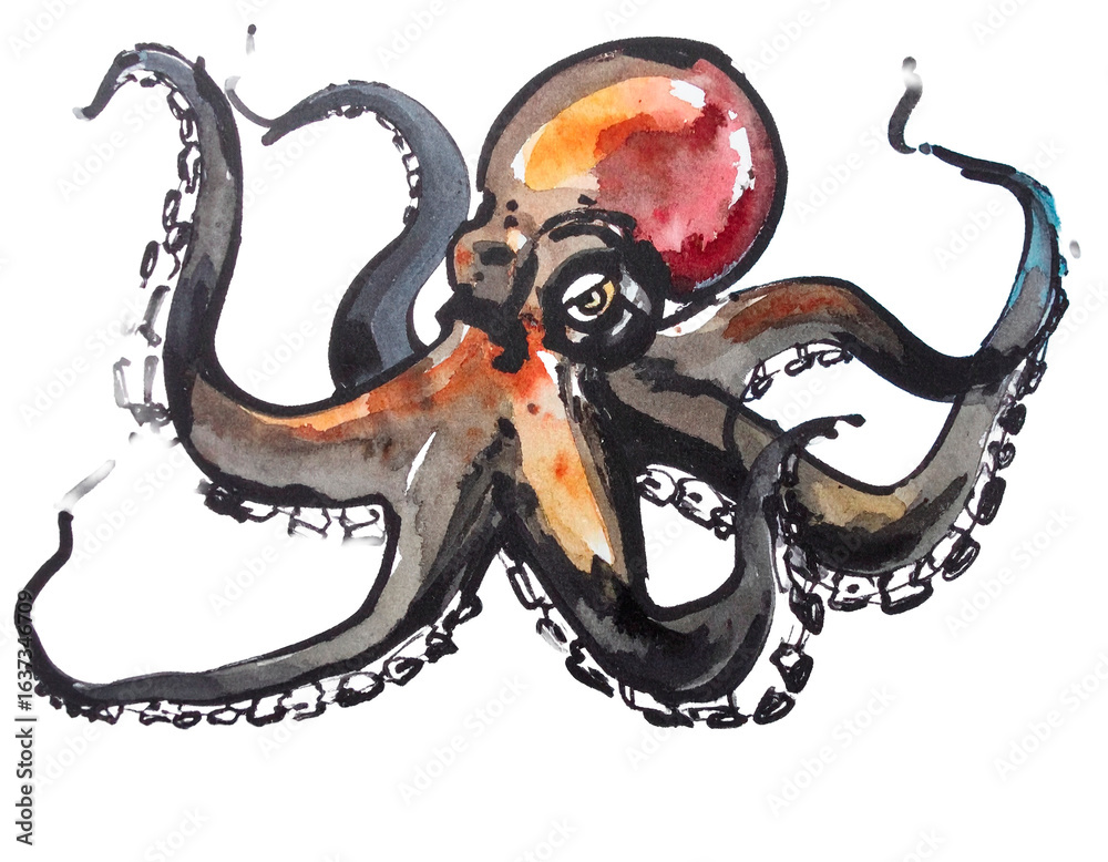 Obraz premium An illustration of an octopus drawn with a brush. Interesting. Handwritten style. Brush. Seafood. Seafood delicacies. Snacks. Animals. Living creatures. Ink. Ink painting. Devil.