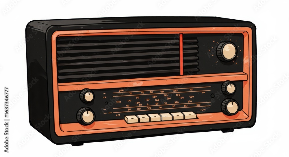 Fototapeta premium Vintage Style Radio Illustration in Black and Orange for Retro Aesthetic Design Projects and Nostalgic Themes