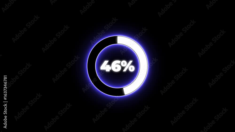 Numerical counting from 0 to 46. Circular progress bar with bright neon blue and white  light , countdown white animation timer circle countdown. Alpha channel, Transparent Background.