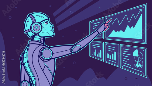 Advanced robot interacting with futuristic data displays showing growth charts and analytics