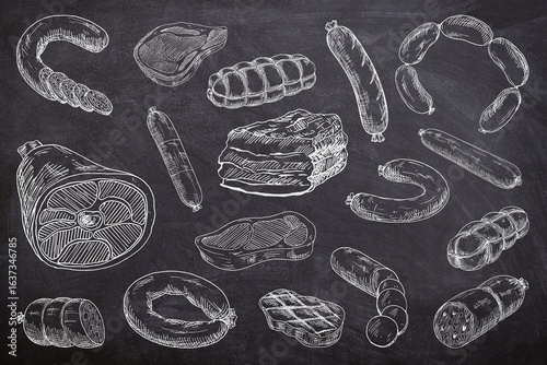 Various of meat seamless set on black background. Sketch of sausage and meat on chalk board. Line art of processed meat on black board
