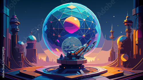 Futuristic orb observatory with geometric network and alien cityscape at dusk