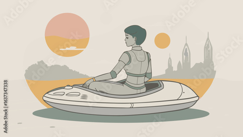 A futuristic android enjoys a serene journey across an alien landscape under two celestial bodies