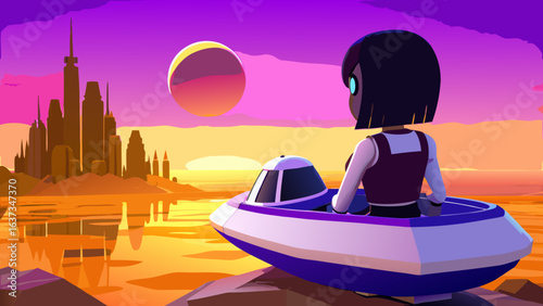 A lone traveler in a futuristic spacecraft observes a vibrant alien cityscape under a double sunset