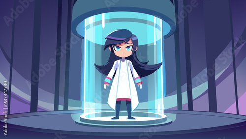 Young anime girl stands confidently within a futuristic glowing blue science fiction teleporter chamber