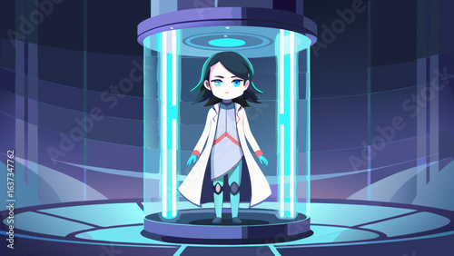 Young scientist stands inside a futuristic glowing blue cylindrical chamber with a dark sci fi background