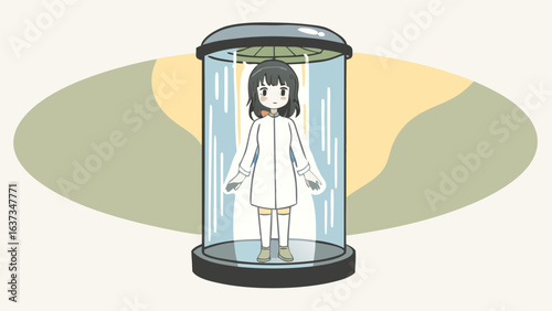 Young anime girl in a futuristic sci fi cryo pod with a white lab coat and blue accents