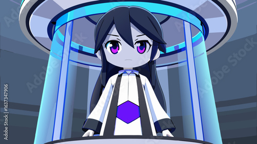 A young anime girl with striking purple eyes stands within a futuristic blue light chamber