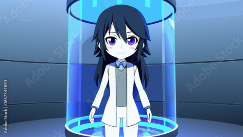 Anime character with dark hair and purple eyes stands in a futuristic blue glowing cylindrical chamber