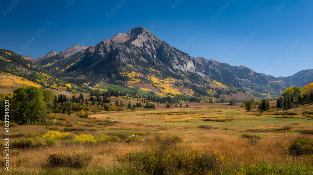 Obraz premium Autumnal mountain range vista, golden meadow, clear sky