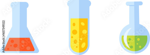 simple visual concept for science and chemistry, showing three colored liquids in laboratory glassware. The red liquid signifies a potent effect, the yellow a moderate one, and the green a safe outcom