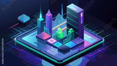 Futuristic isometric cityscape displayed on a glowing digital tablet with neon grid lines