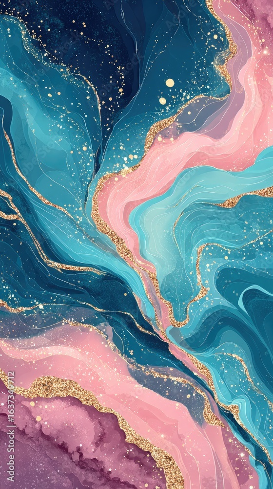 Naklejka premium Abstract marbled design with flowing colors and gold glitter