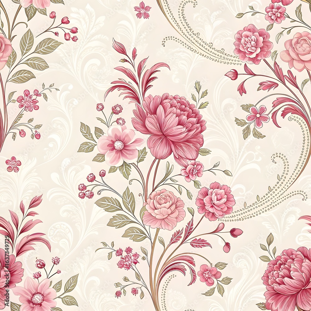 Fototapeta premium Vintage pink floral wallpaper with roses and ornate patterns.