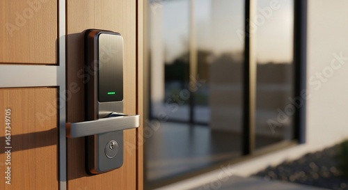 Smart Lock on Wooden Door with Green Light Indicator and Modern Design
