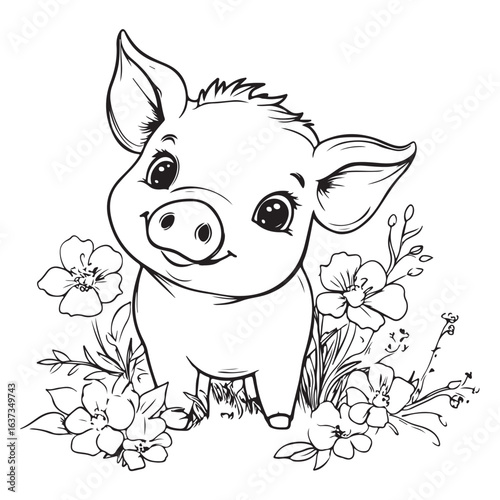 Cute Pig in Grass with Flowers Line Art vector silhouette
