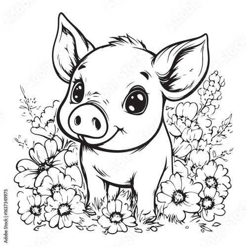 Cute Pig in Grass with Flowers Line Art vector silhouette